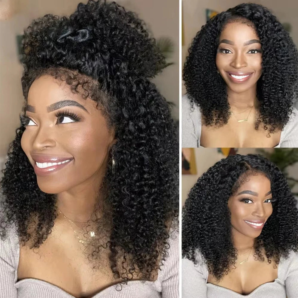 Short Bob Kinky Curly Human Hair Frontal Wig 4C Edges  Closure