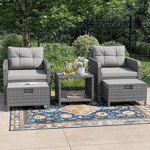 Balcony Furniture 5 Piece Patio Conversation Set,  PE Wicker Rattan Outdoor Lounge Chairs with Soft Cushions 2 Ottoman&Glass Tabl