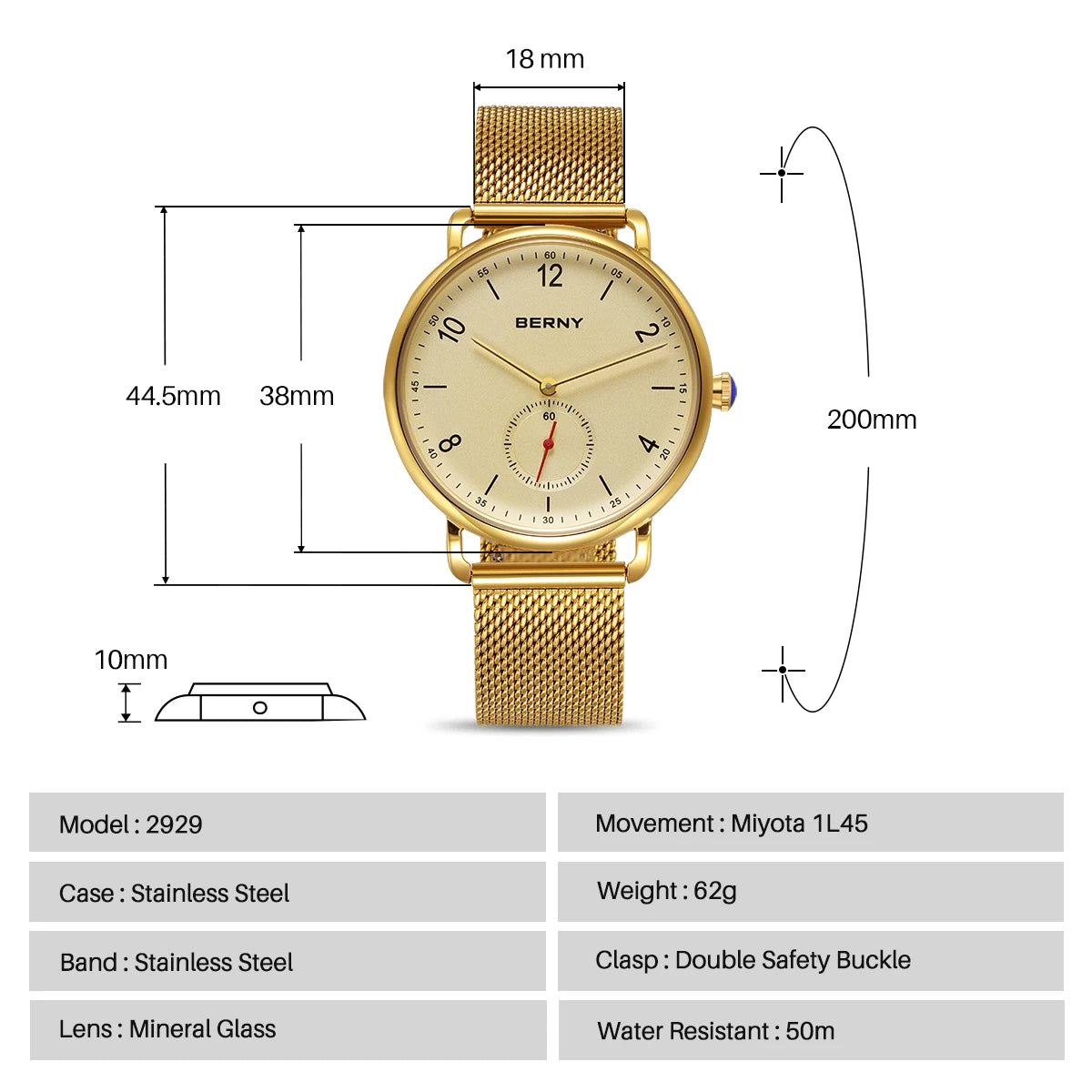 BERNY Quartz Men's Watch  Quality 316L Stainless Steel  Top Slim Case Fashion Couple's Wristwatch Simple Casual Men/Women Watches