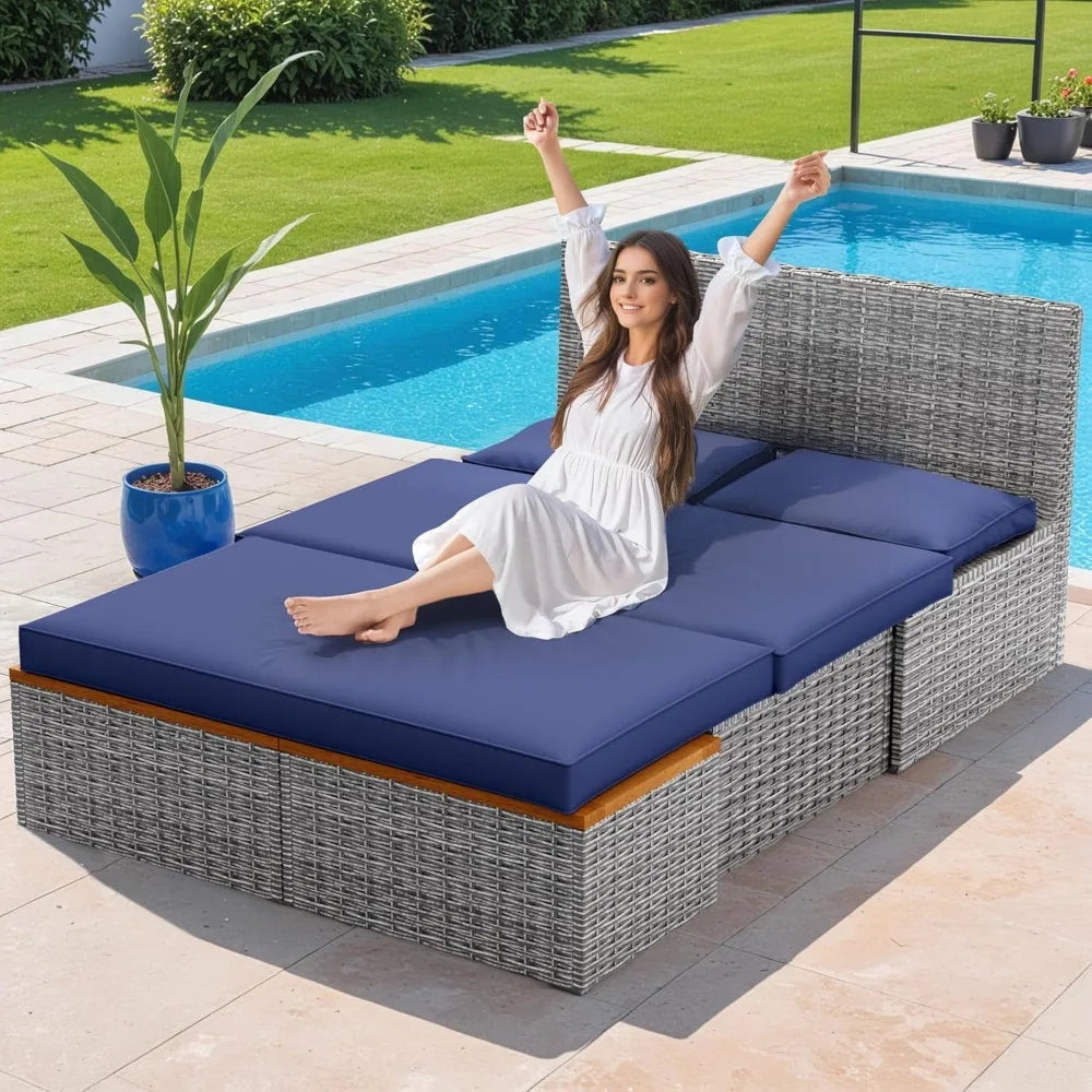 Patio Day Bed Outdoor Daybed Set Multifunctional Rattan Lounge Bed with 2 Side Tables