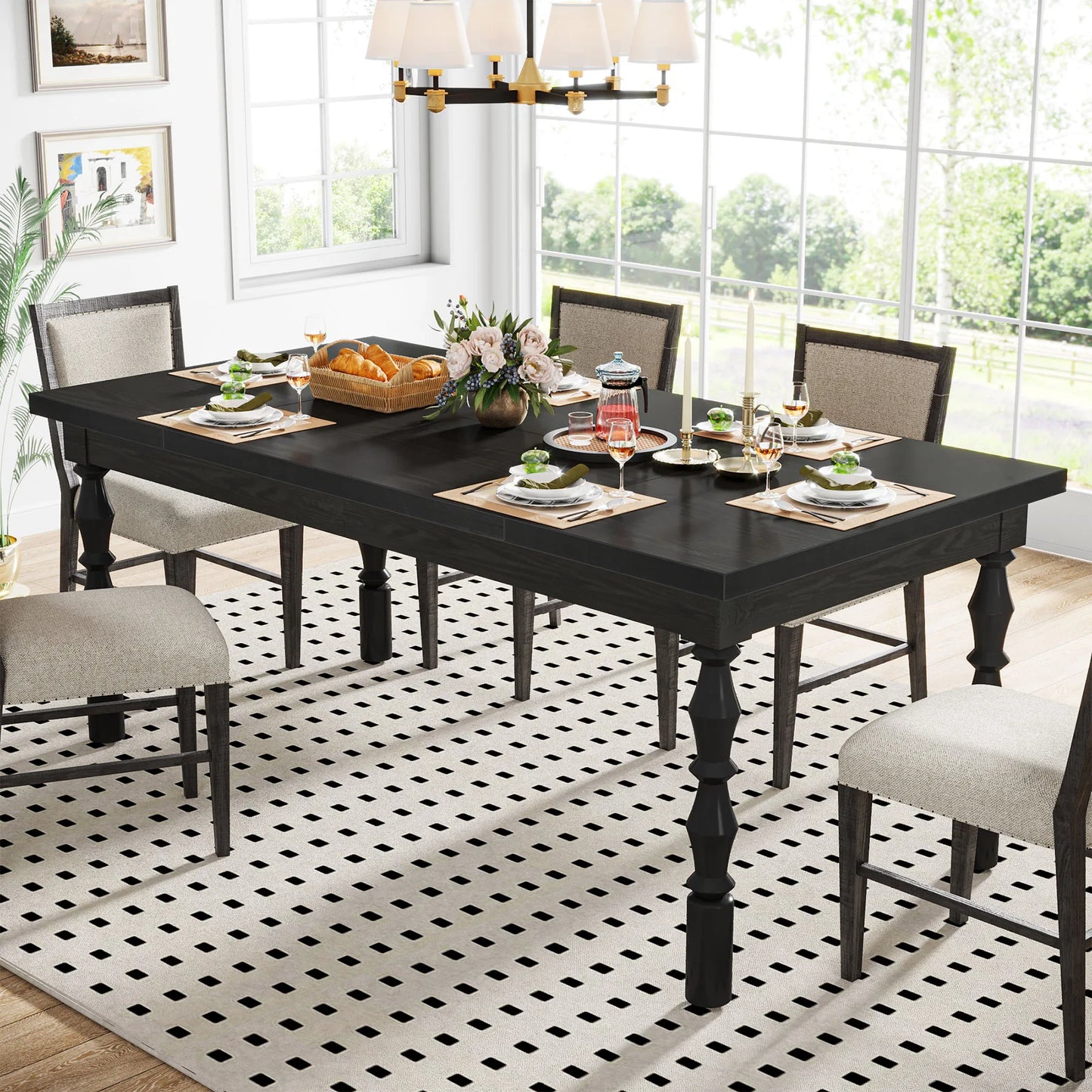 62” Wood Patio Table for 4-6 People, Farmhouse Large Indoor