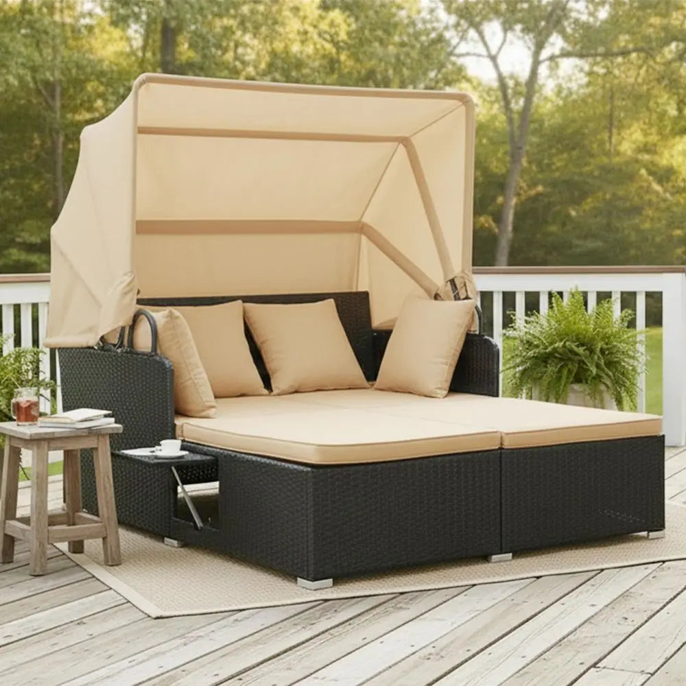 Patio Rattan Daybed with Retractable Canopy,  Outdoor Wicker with 2 Foldable Side Tables,