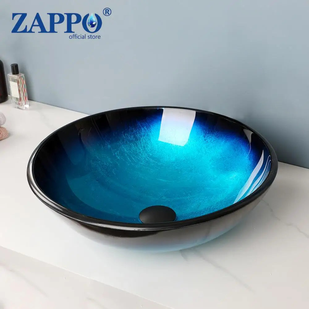 Tempered Glass Bathroom Vessel Sink with Waterfall Black Faucet