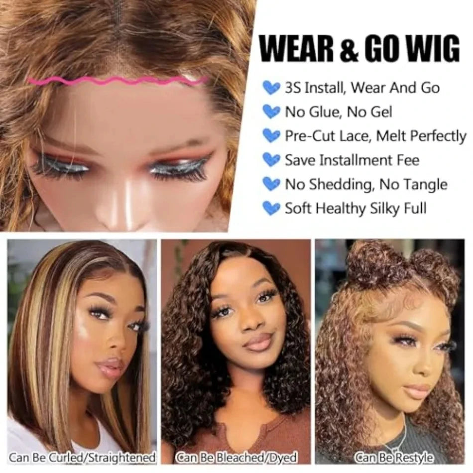 Curly Short Bob Wig Highlight 4/27 Honey Blonde Human Glueless