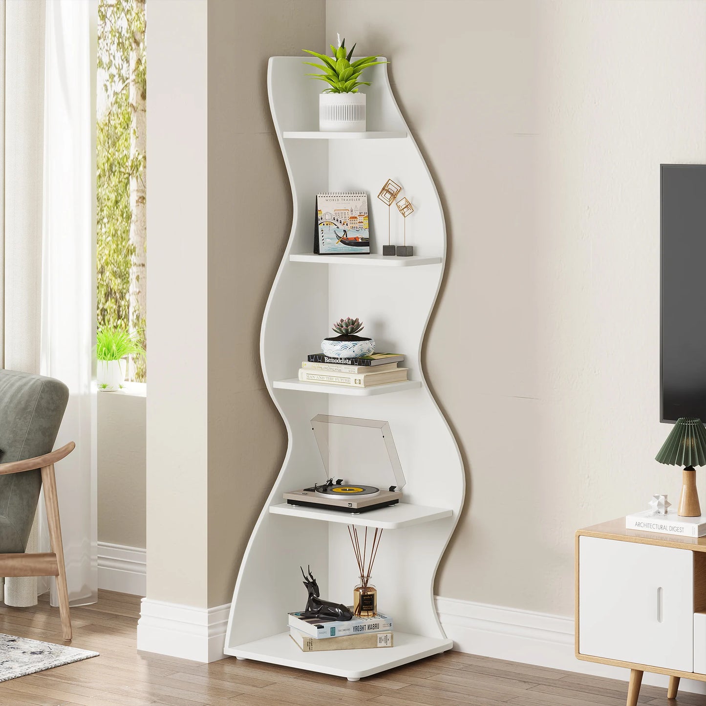 Corner Shelf, Modern 5-Tier Wall Corner Bookshelf,