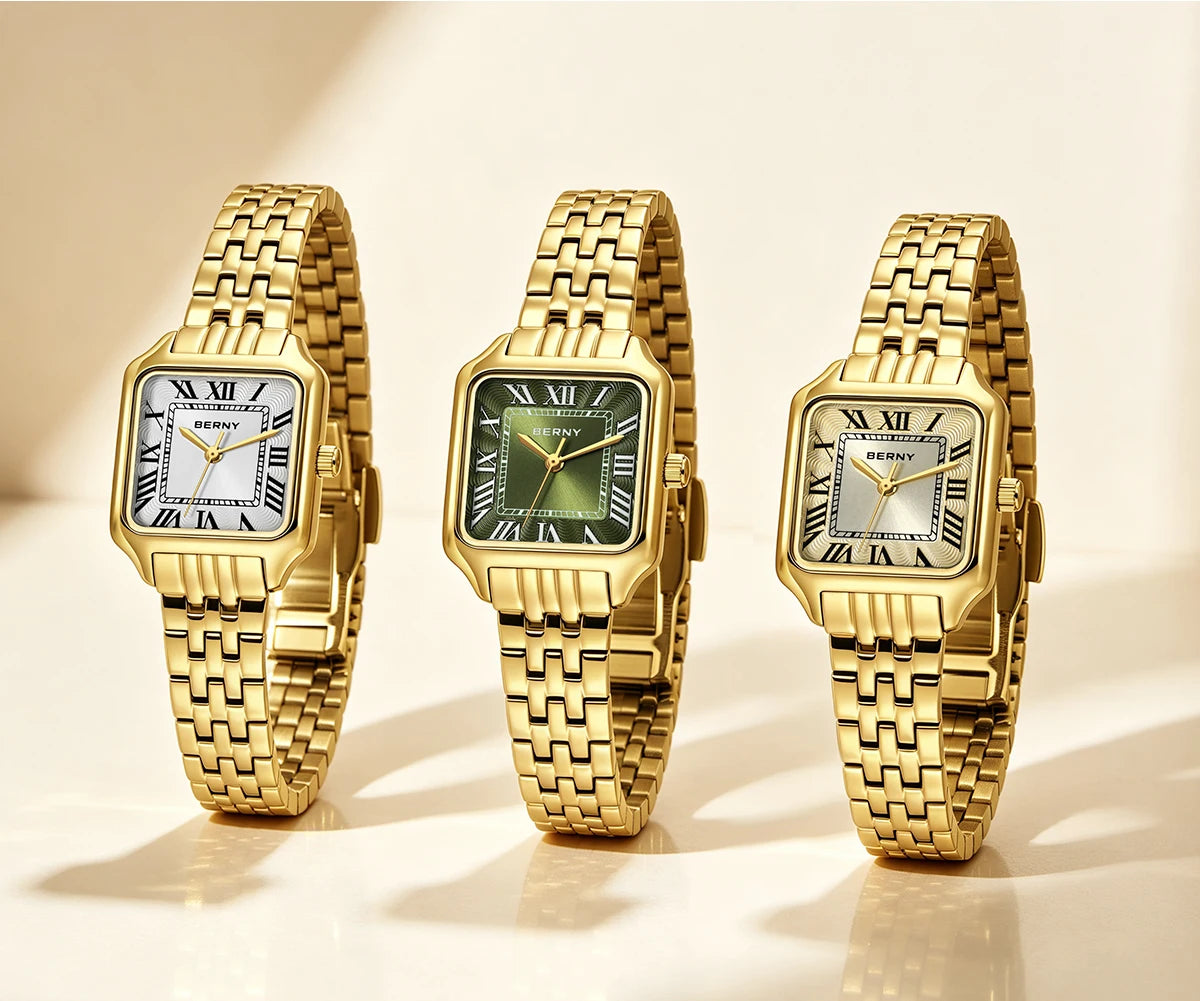 BERNY Square Women Watch Gold Quartz Fashion Exquisite Roman Luxury Small Women's Watch Jewelry Bracelet Women Watches