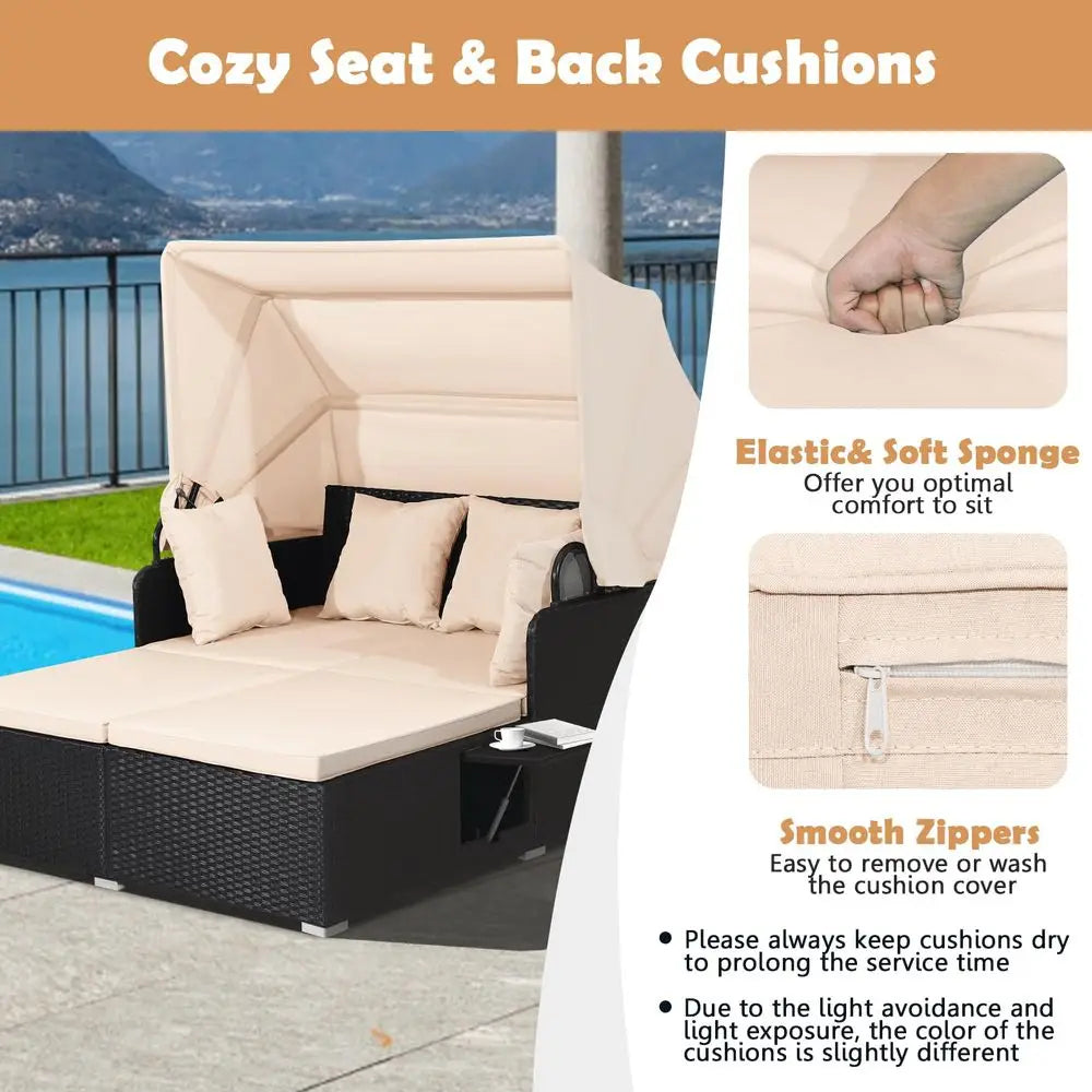 Patio Rattan Daybed with Retractable Canopy,  Outdoor Wicker with 2 Foldable Side Tables,