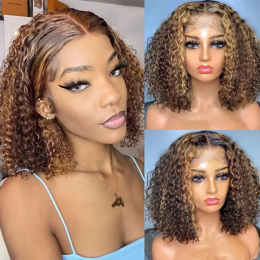 Curly Short Bob Wig Highlight 4/27 Honey Blonde Human Glueless