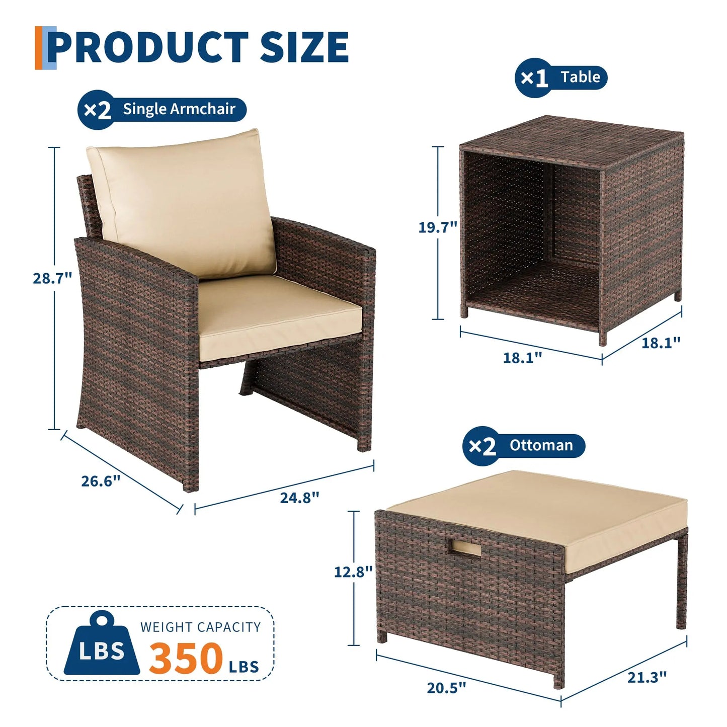 5-Piece All-Weather Pe Rattan Patio Set, Wi High Back Chair with 2 Ottomans & Table, Soft Cushions For Garden & Porch