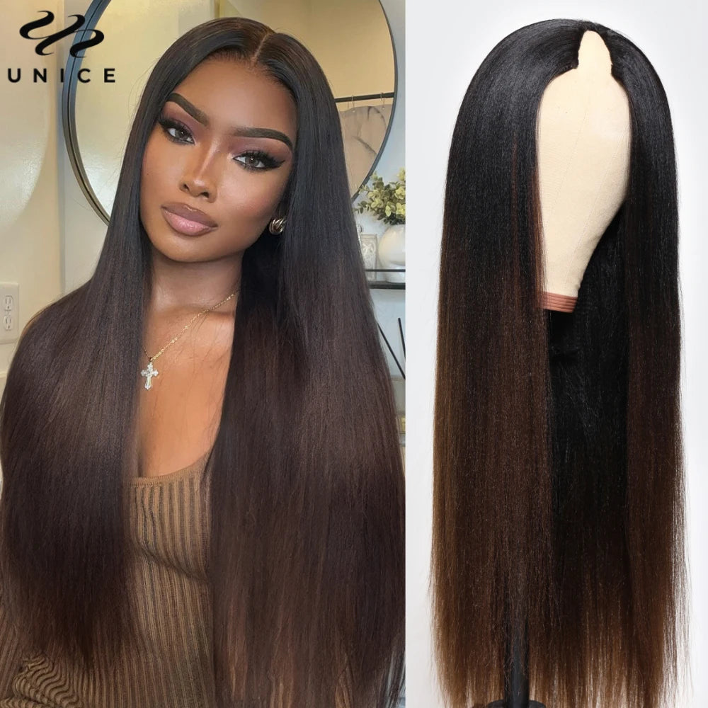 Straight V Part Wig Ombre Brown Color 100% Human Hair Wig