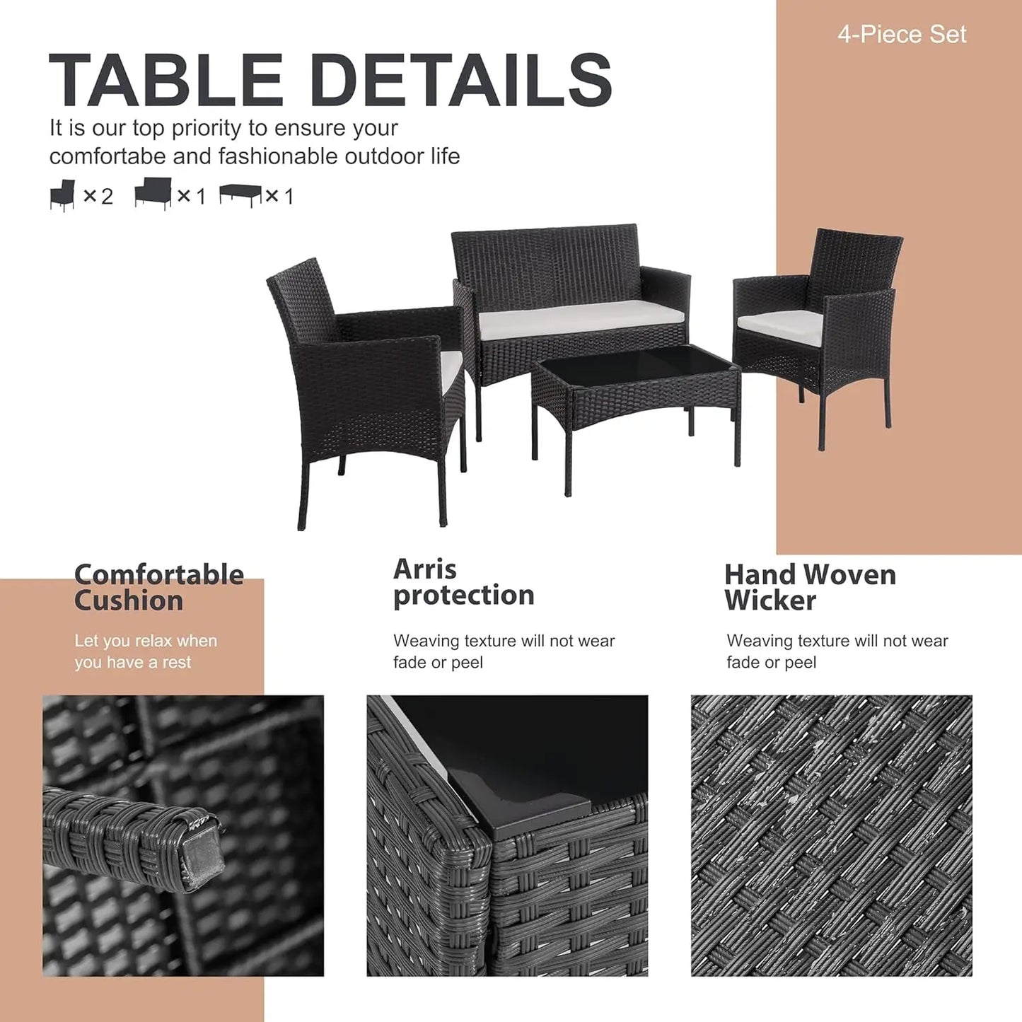 4 Piece Outdoor Patio Furniture Sets, Small Wicker Patio Conversation Furniture Rattan Chair Set