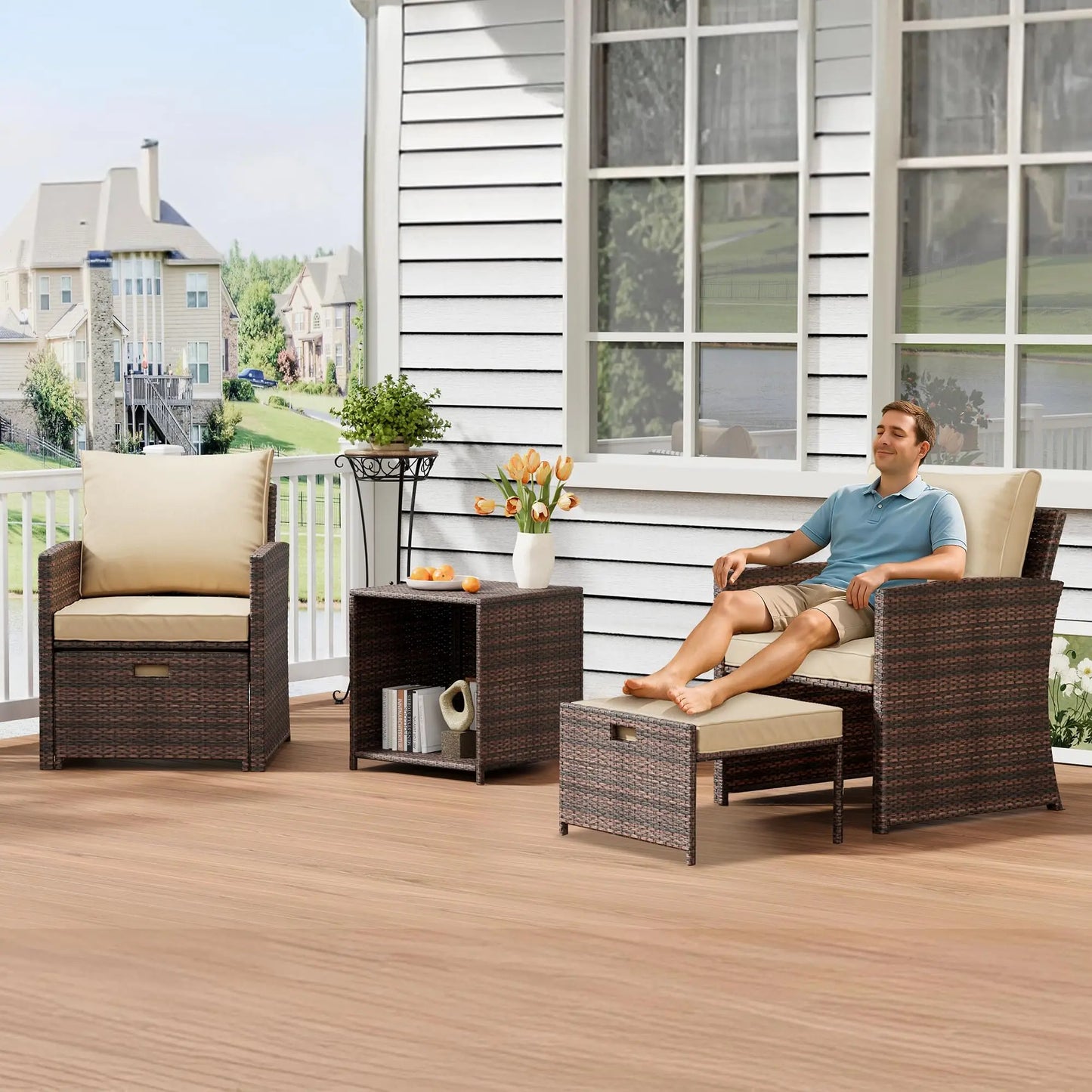 5-Piece All-Weather Pe Rattan Patio Set, Wi High Back Chair with 2 Ottomans & Table, Soft Cushions For Garden & Porch