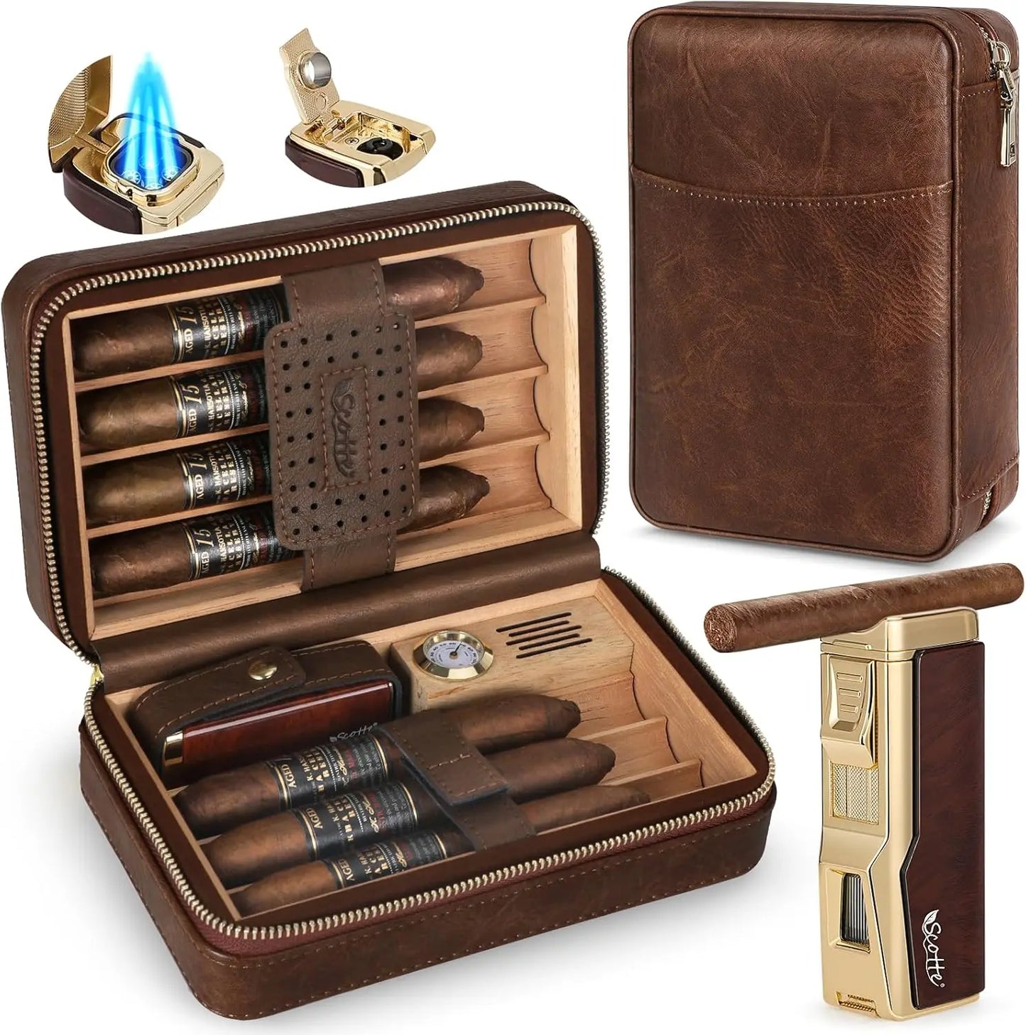 Cigar Humidor Box Cigar Lighter Cedar Wood Lined Leather Cigar Case