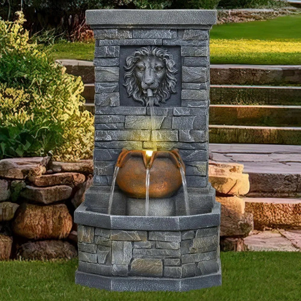 Outdoor Garden Floor-Standing Water Fountain Lion Head Stone
