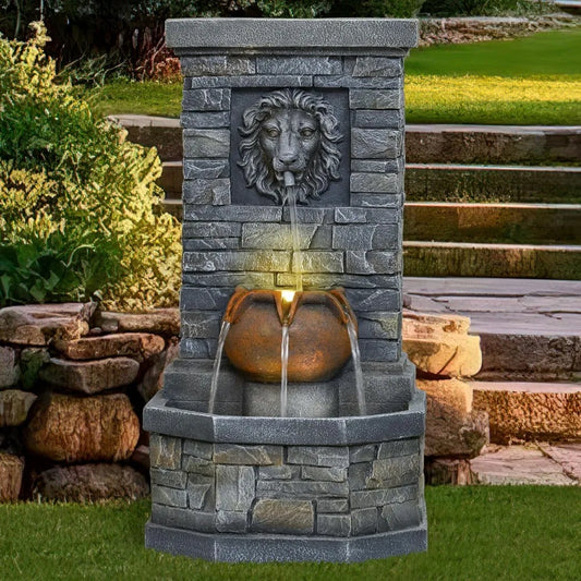 Outdoor Garden Floor-Standing Water Fountain Lion Head Stone