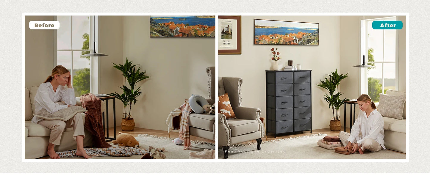 Bedside Table For Bedroom With 10 Fabric Drawers Nightstand Storage