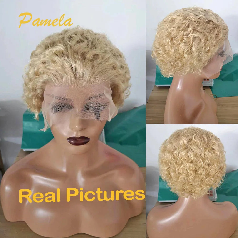 Pixie Cut Curly Bob Wig 613 Blonde & Honey Blonde Burgundy 13x4 Lace Front Human Hair Wig