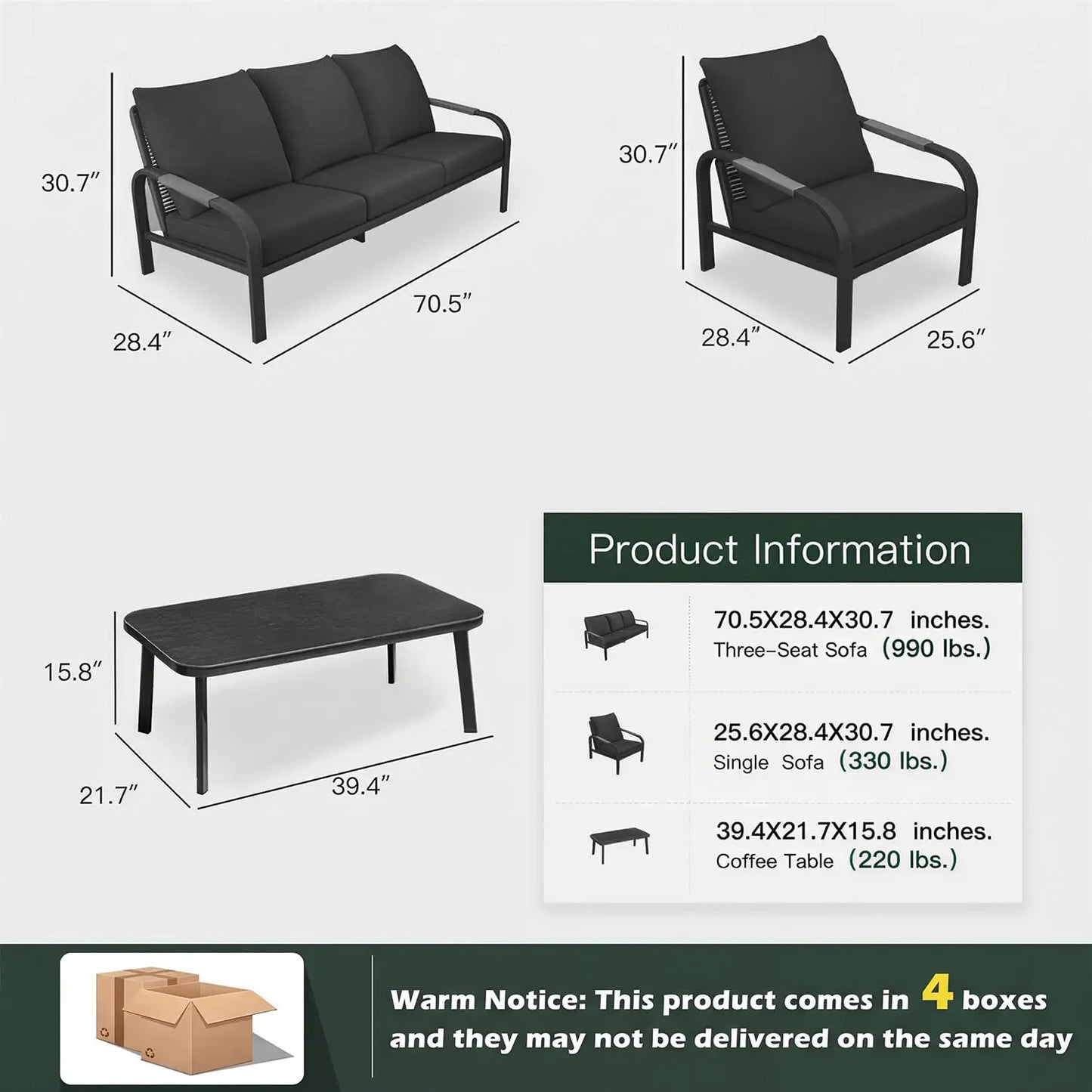Aluminum Patio Furniture Set, 4 Pieces Outdoor Patio Furniture with Coffee Table Set,