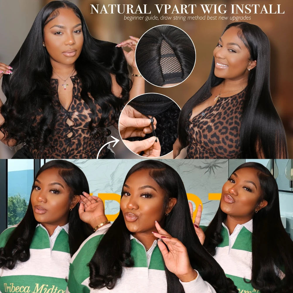 Straight V Part Wig 100% Human Hair Clip-In U Part Wig Beginner Friendly Glueless
