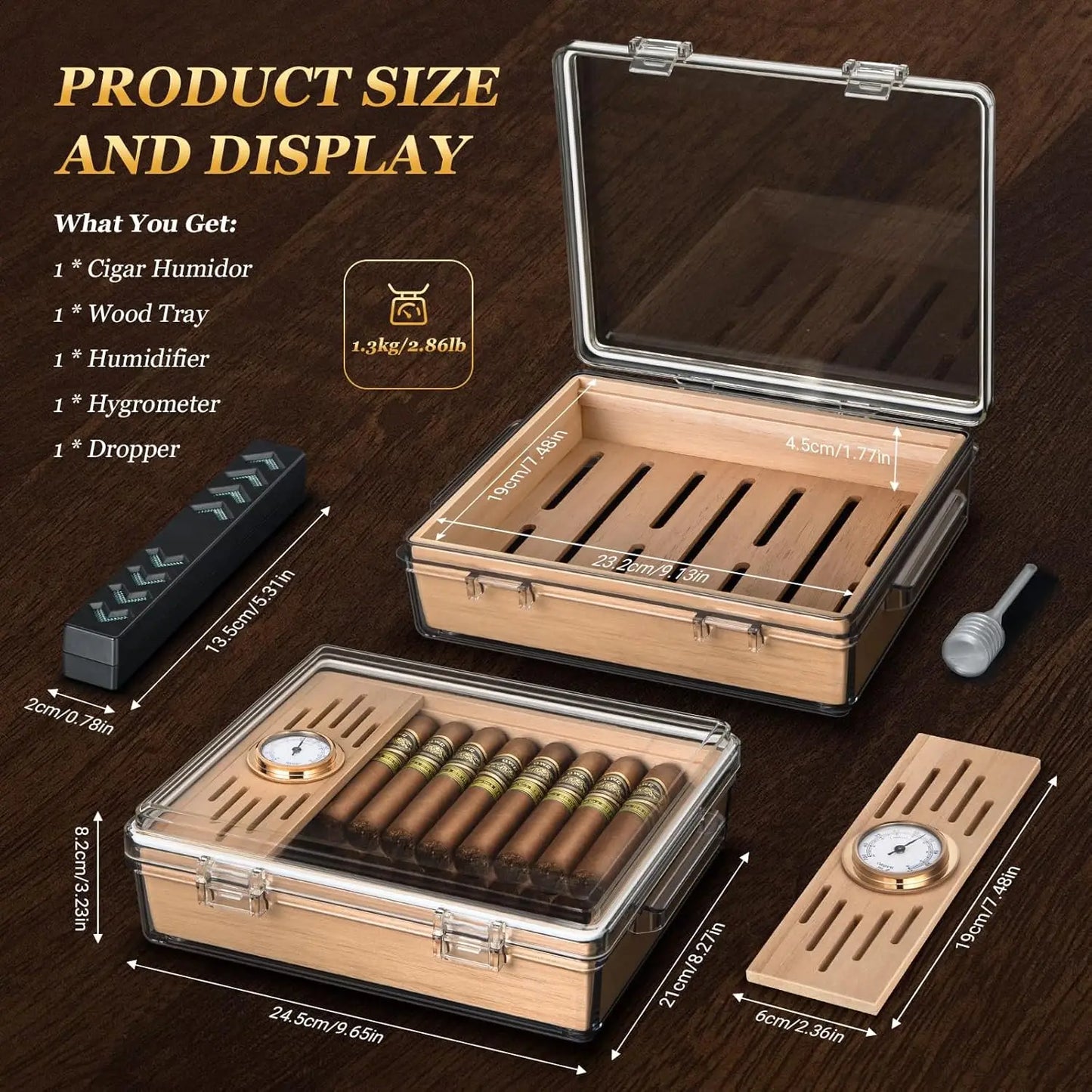 Acrylic Cigar Humidor, Cigar Box with Hygrometer, Humidifier and Cedar Wood Tray, Desktop Cigar Case Can Hold About 20-30 Cigars