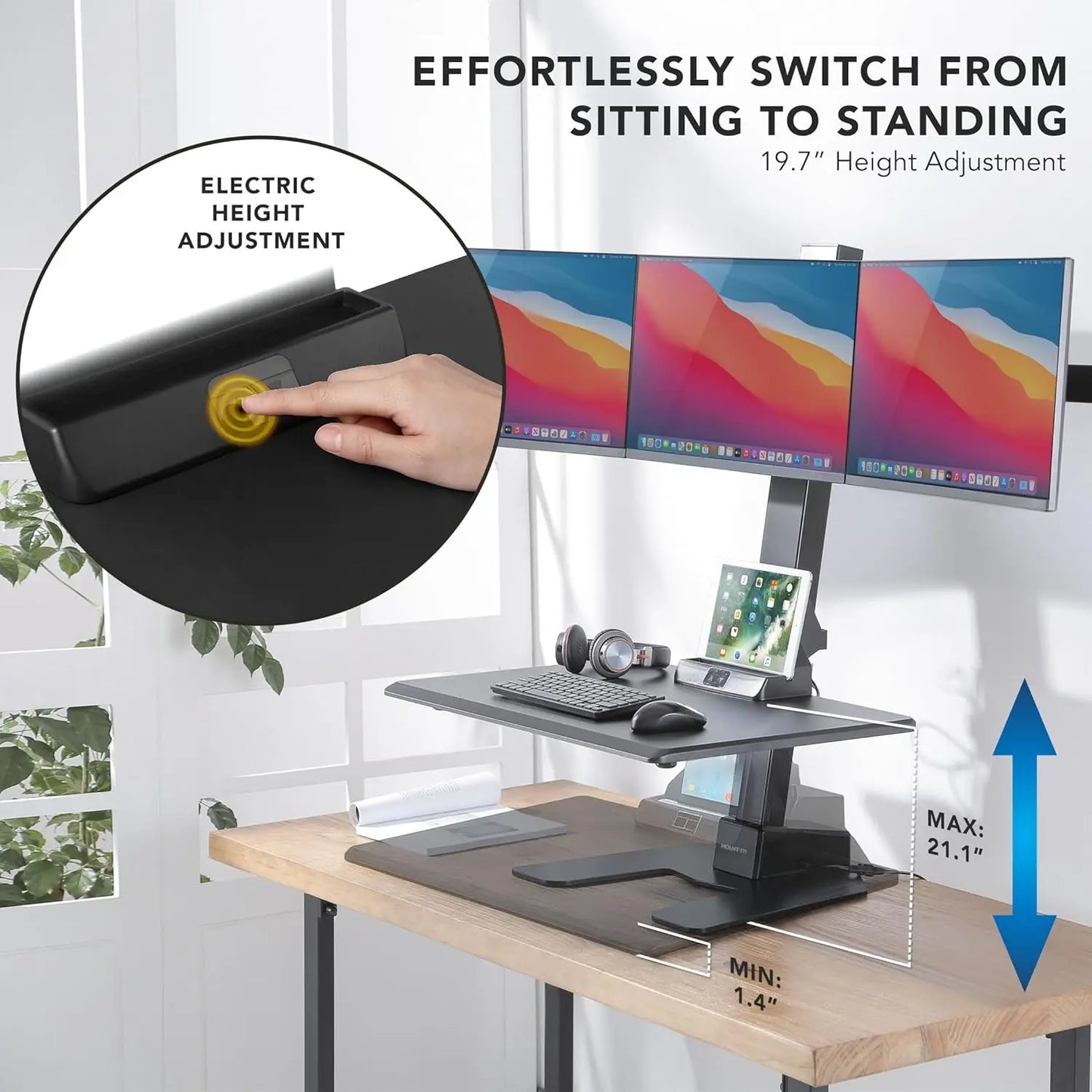 Triple Monitor Electric Standing Desk Converter - 3 Screens Stand Up Desk Riser - Height Adjustable Desktop & 3 Mounts