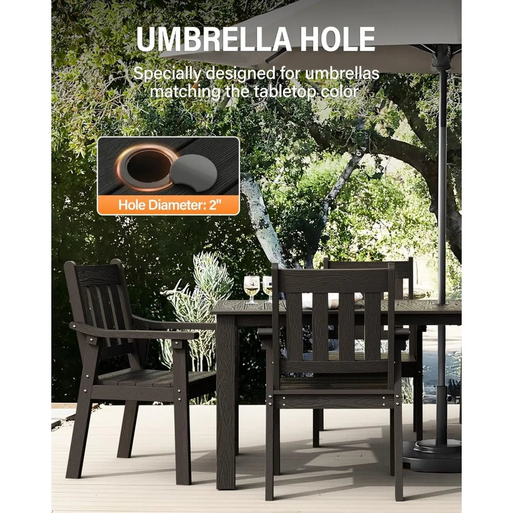 HIPS Patio Set Table : 7 Piece Outdoor Table and Chairs Dining Furniture Set with Umbrella Hole - Black Modern Plastic Dining Se