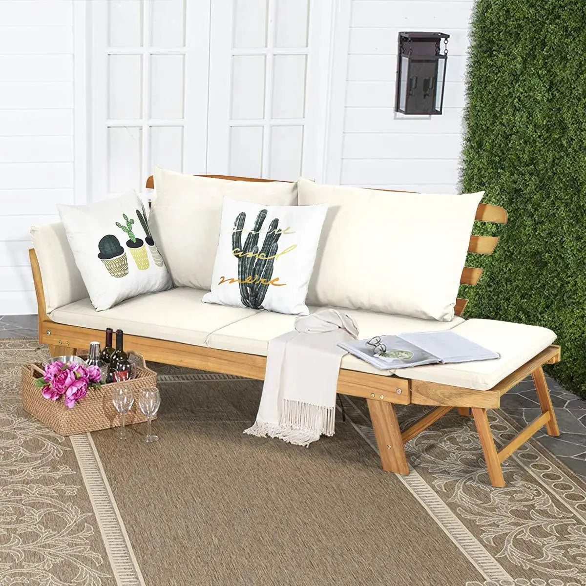 Convertible Acacia Wood Patio Couch Sofa Bed with Adjustable Armrest, Outdoor Daybed with Cushion & Pillows,