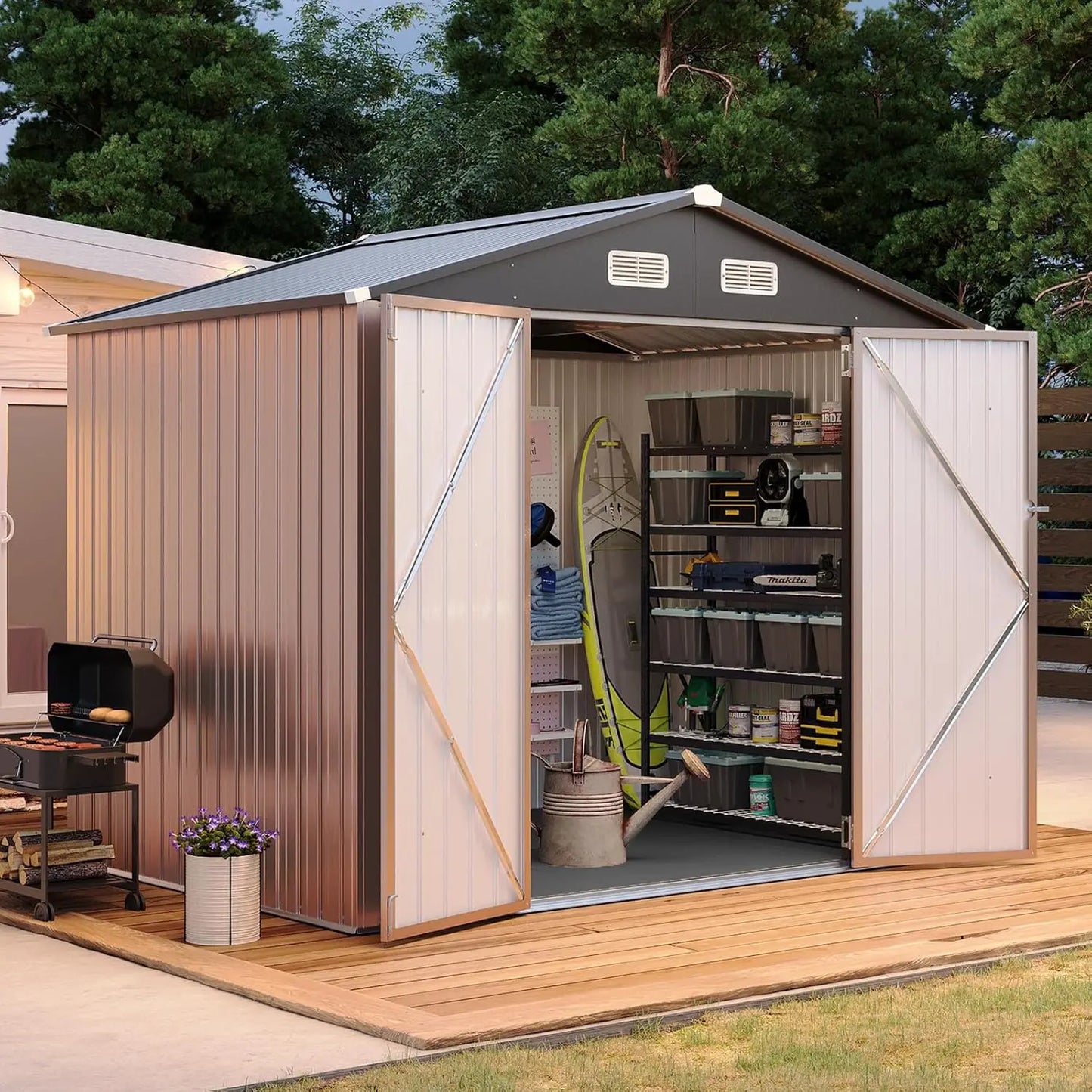 8x6FT Shed with Floor Galvanized Steel Outdoor Storage Shed Metal Garden Shed
