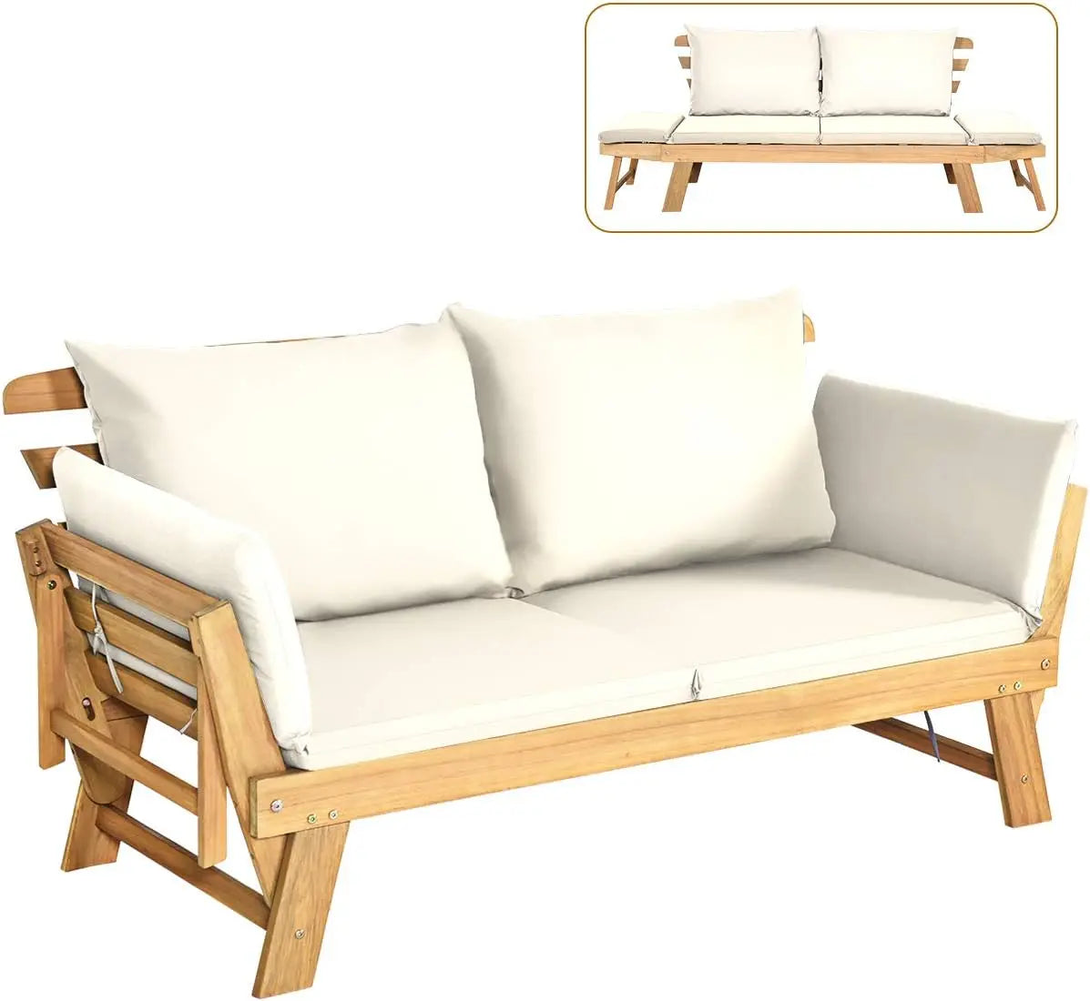 Convertible Acacia Wood Patio Couch Sofa Bed with Adjustable Armrest, Outdoor Daybed with Cushion & Pillows,