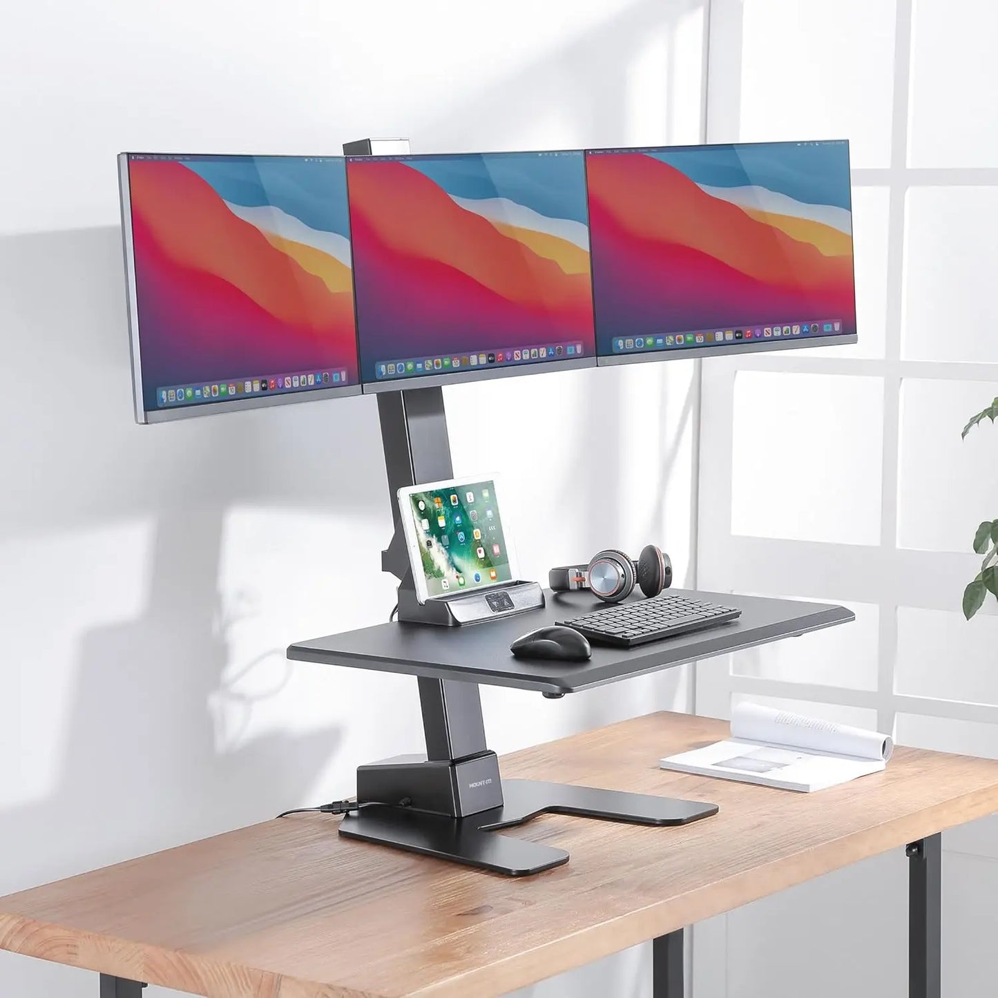 Triple Monitor Electric Standing Desk Converter - 3 Screens Stand Up Desk Riser - Height Adjustable Desktop & 3 Mounts