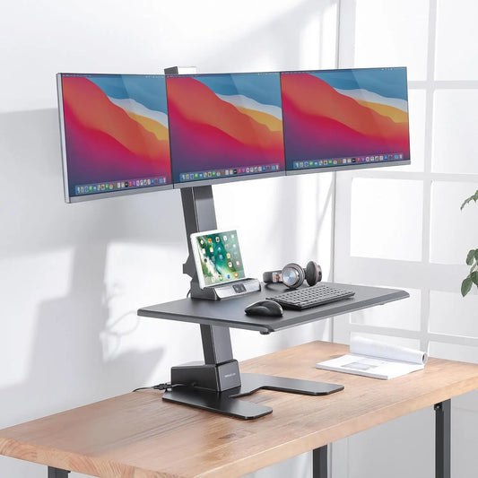 Triple Monitor Electric Standing Desk Converter - 3 Screens Stand Up Desk Riser - Height Adjustable Desktop & 3 Mounts
