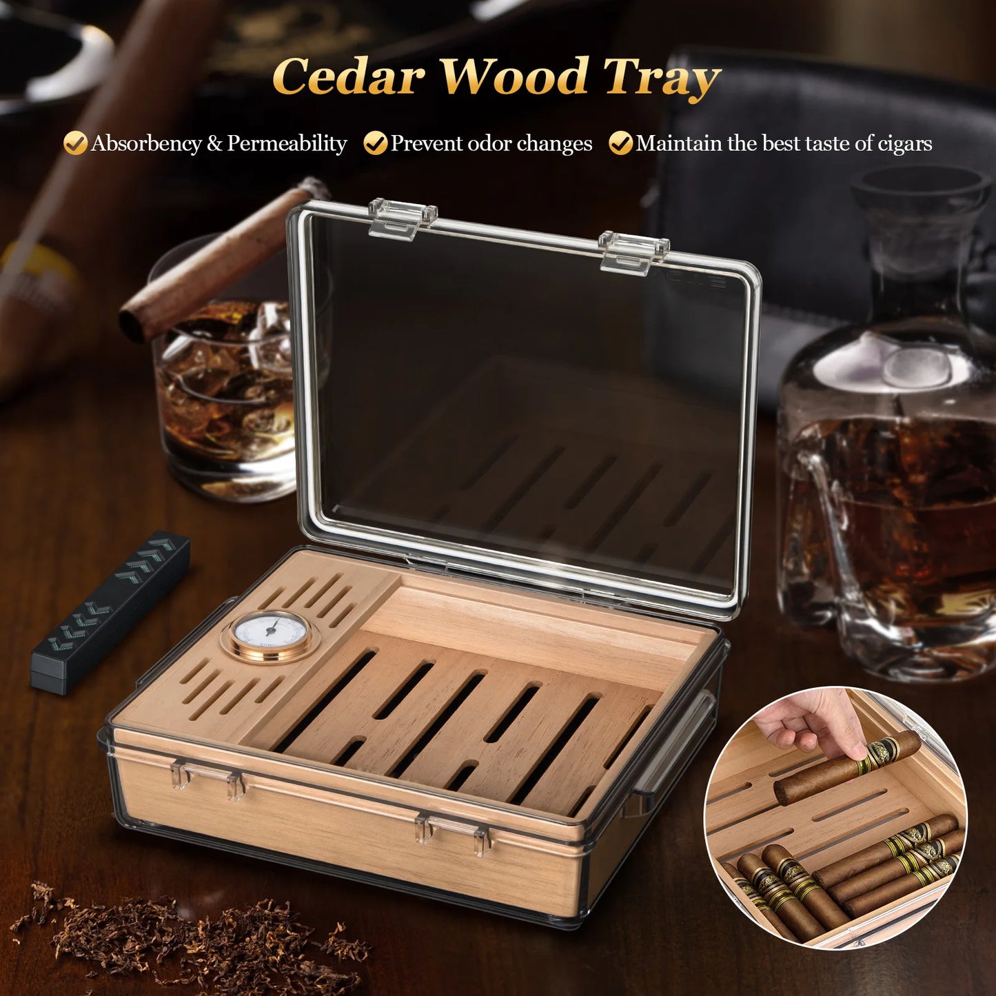 Acrylic Cigar Humidor, Clear Cigar Humidor Box with Hygrometer, Humidifier and Cedar Wood Tray, Can Hold About 20-30 Cigars