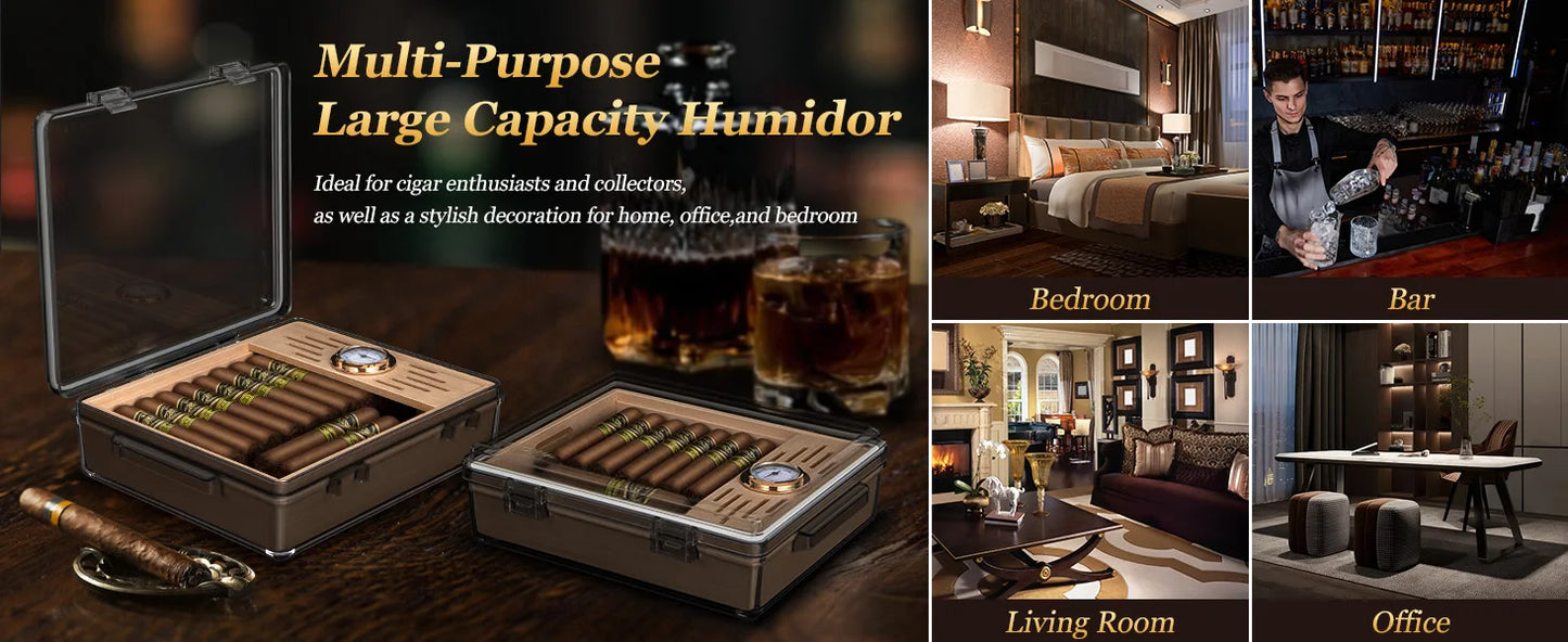 Acrylic Cigar Humidor, Cigar Box with Hygrometer, Humidifier and Cedar Wood Tray, Desktop Cigar Case Can Hold About 20-30 Cigars