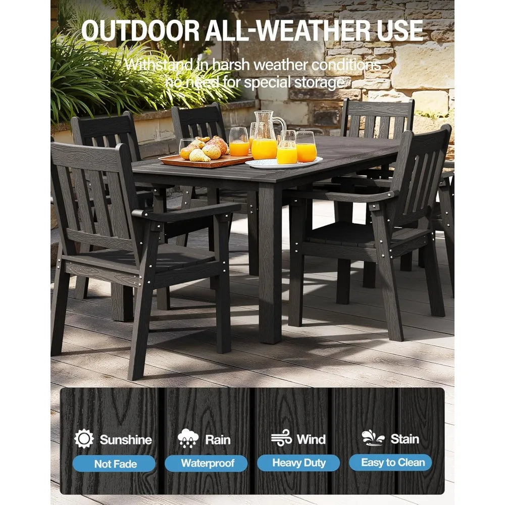HIPS Patio Set Table : 7 Piece Outdoor Table and Chairs Dining Furniture Set with Umbrella Hole - Black Modern Plastic Dining Se