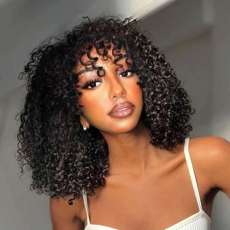 Bob Wig Machine Made Curly Human Hair Wig With Bangs 3x1 Lace Closure Bob Wig