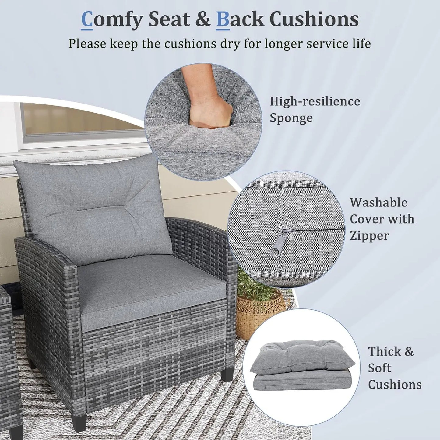 3 Piece Patio Furniture Set, Outdoor PE Rattan Conversation Set with Cushions &
