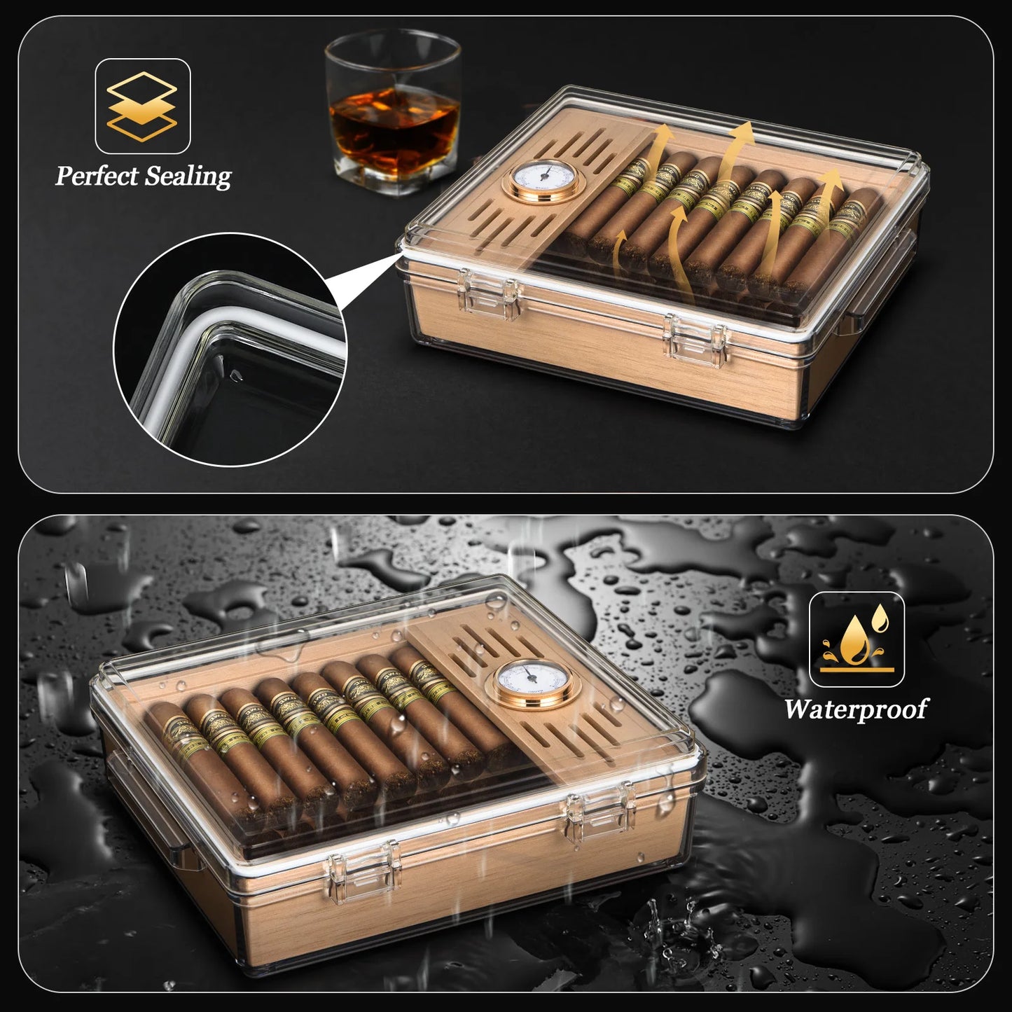 Acrylic Cigar Humidor, Clear Cigar Humidor Box with Hygrometer, Humidifier and Cedar Wood Tray, Can Hold About 20-30 Cigars