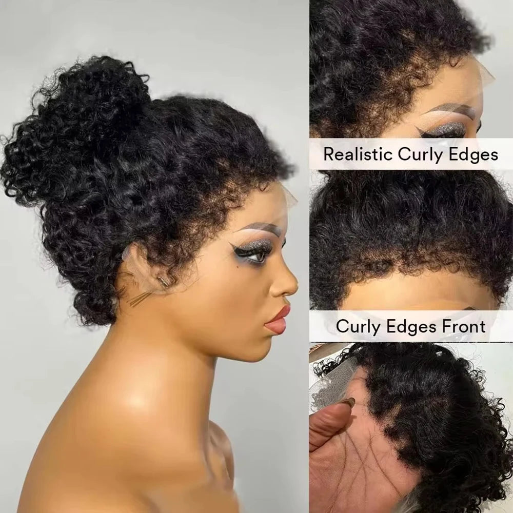 Short Bob Kinky Curly Human Hair Frontal Wig 4C Edges  Closure