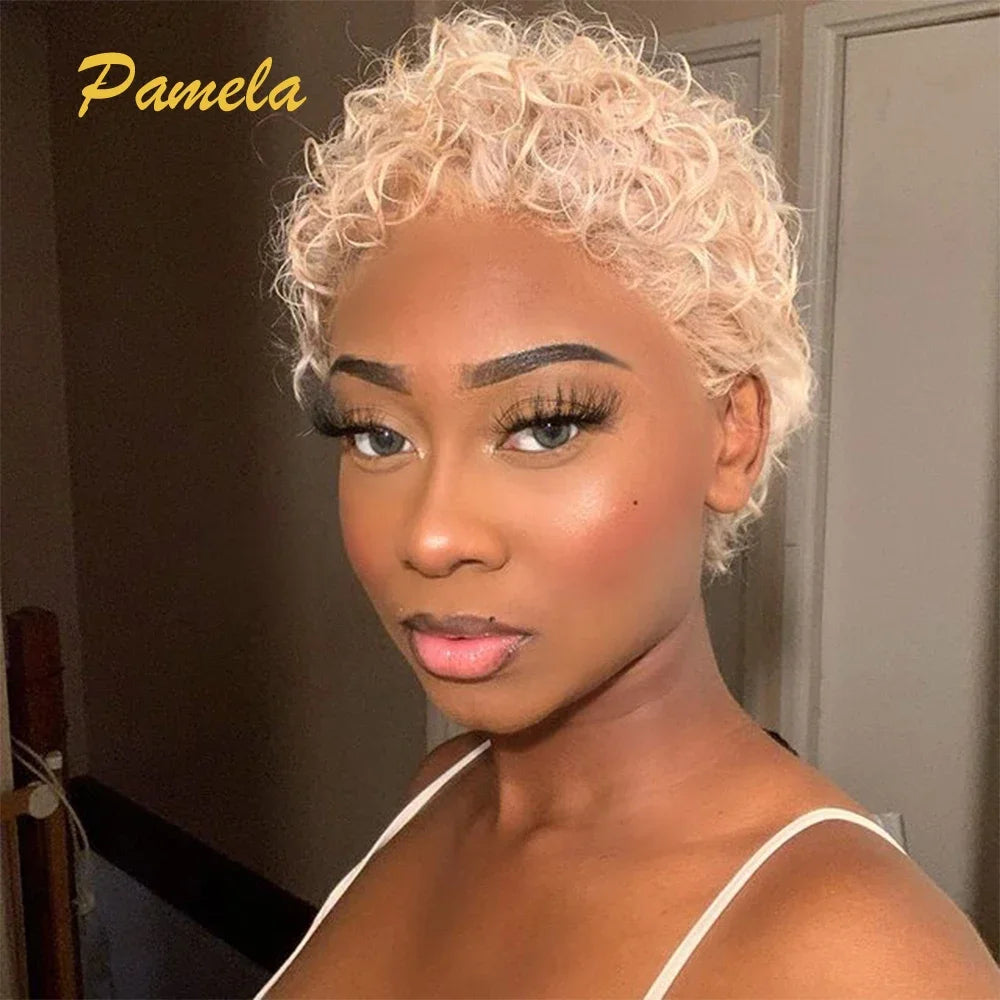 Pixie Cut Curly Bob Wig 613 Blonde & Honey Blonde Burgundy 13x4 Lace Front Human Hair Wig