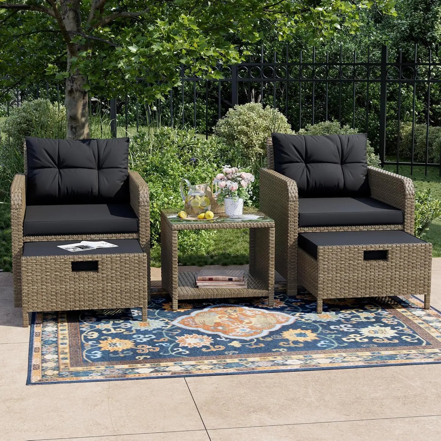 Balcony Furniture 5 Piece Patio Conversation Set,  PE Wicker Rattan Outdoor Lounge Chairs with Soft Cushions 2 Ottoman&Glass Tabl