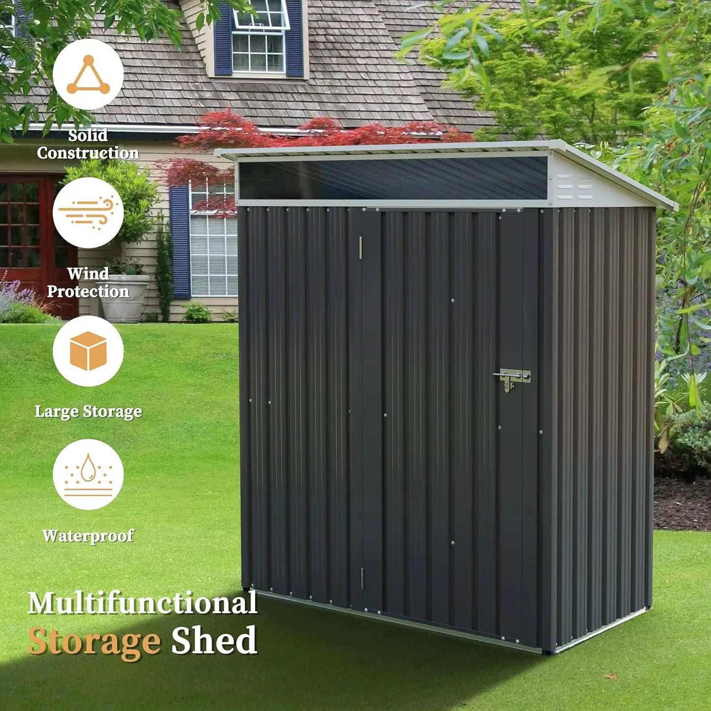 5x3x6 FT Outdoor Metal Storage Shed with Window Lockable Door, Waterproof for Garden Tools