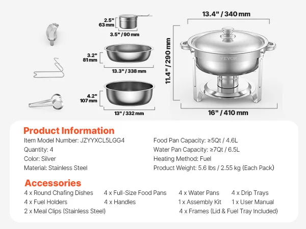 4 Pack Chafing Dish Buffet Se t Stainless Steel Chafer w/4 Full Size Pan Round