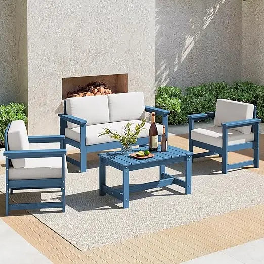 4 Pieces HDPE Outdoor Sofa Set with Cushions, All Weather Use Loveseat Furniture