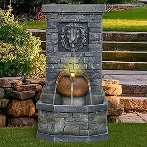 Outdoor Garden Floor-Standing Water Fountain Lion Head Stone