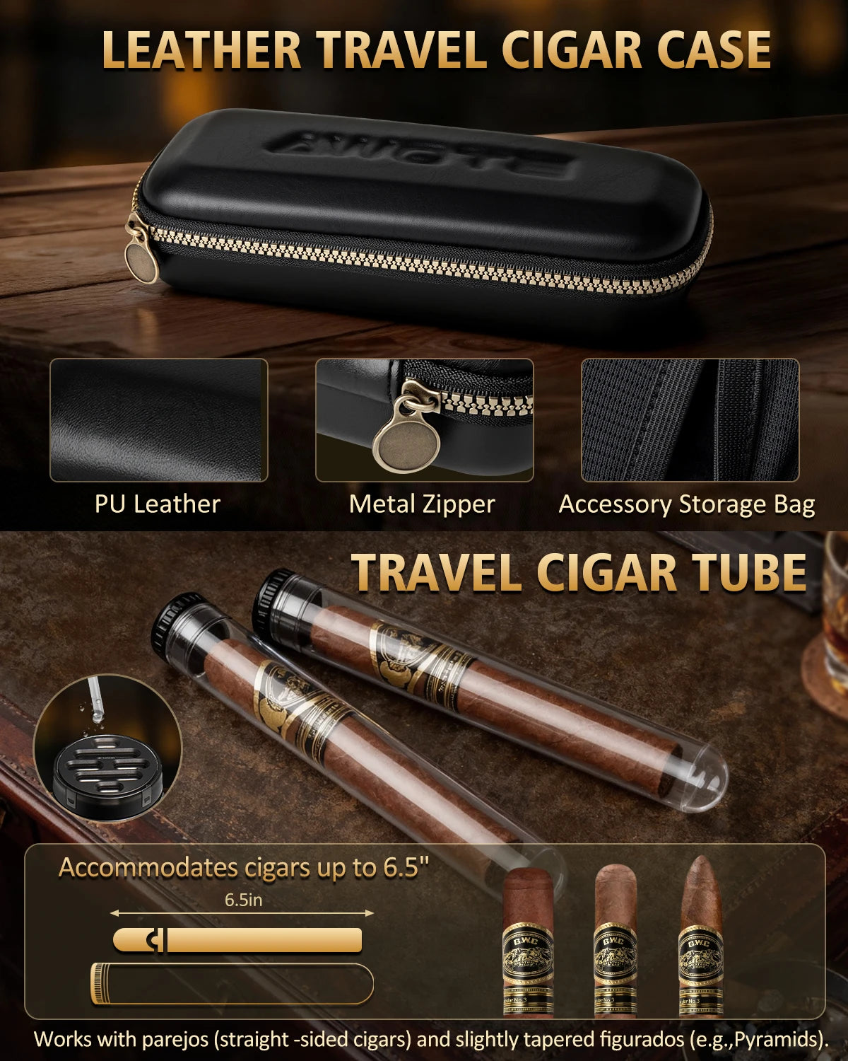 Premium Cedar Wood Cigar Humidor with Leather Case, Cigar Tube, Digital Hygrometer & 2 Humidifiers - Luxury Gift Set