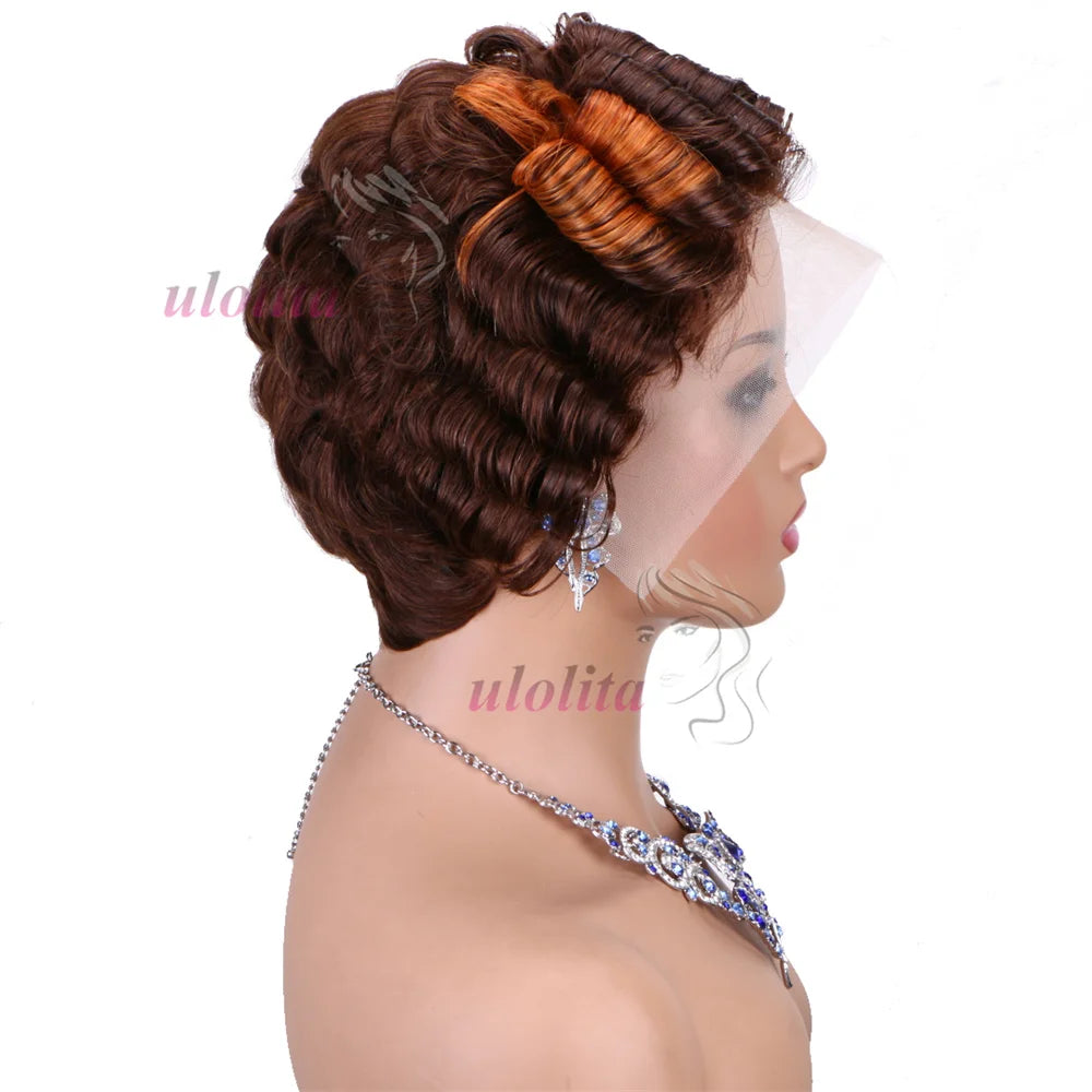 613 Blonde Pixie Cut Short Bob Loose Wave 100% Human Hair Wig Chocolate Brown
