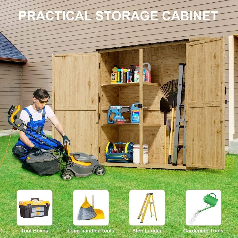 Outdoor Wooden Storage Cabinet w/Waterproof Roof, Double Lockable Doors