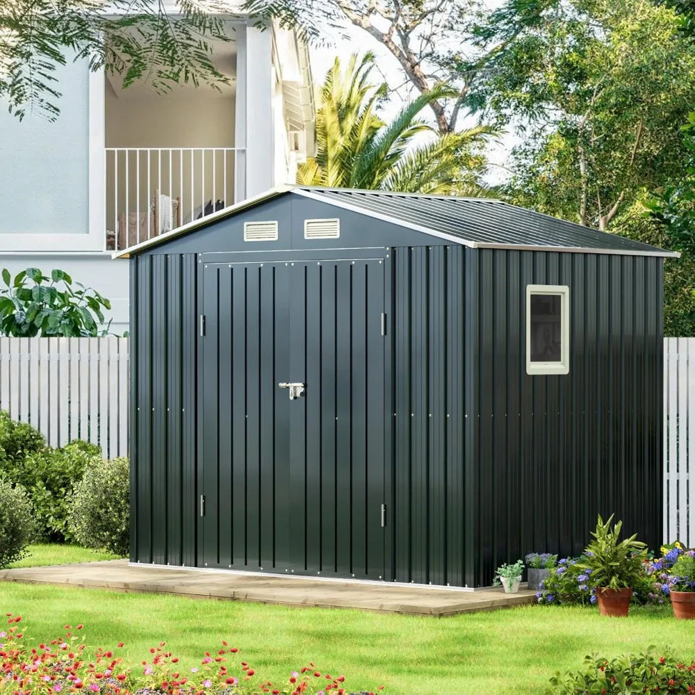8x6FT Outdoor Steel Storage Shed with Clear Window, Lockable Doors,