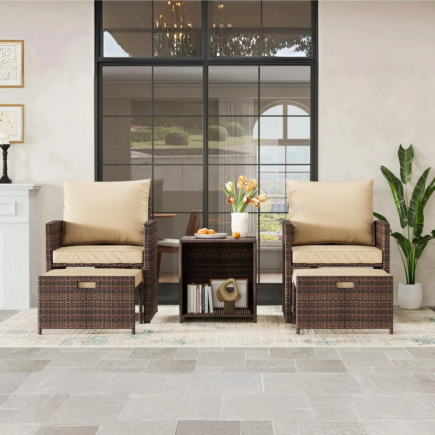 5-Piece All-Weather Pe Rattan Patio Set, Wi High Back Chair with 2 Ottomans & Table, Soft Cushions For Garden & Porch