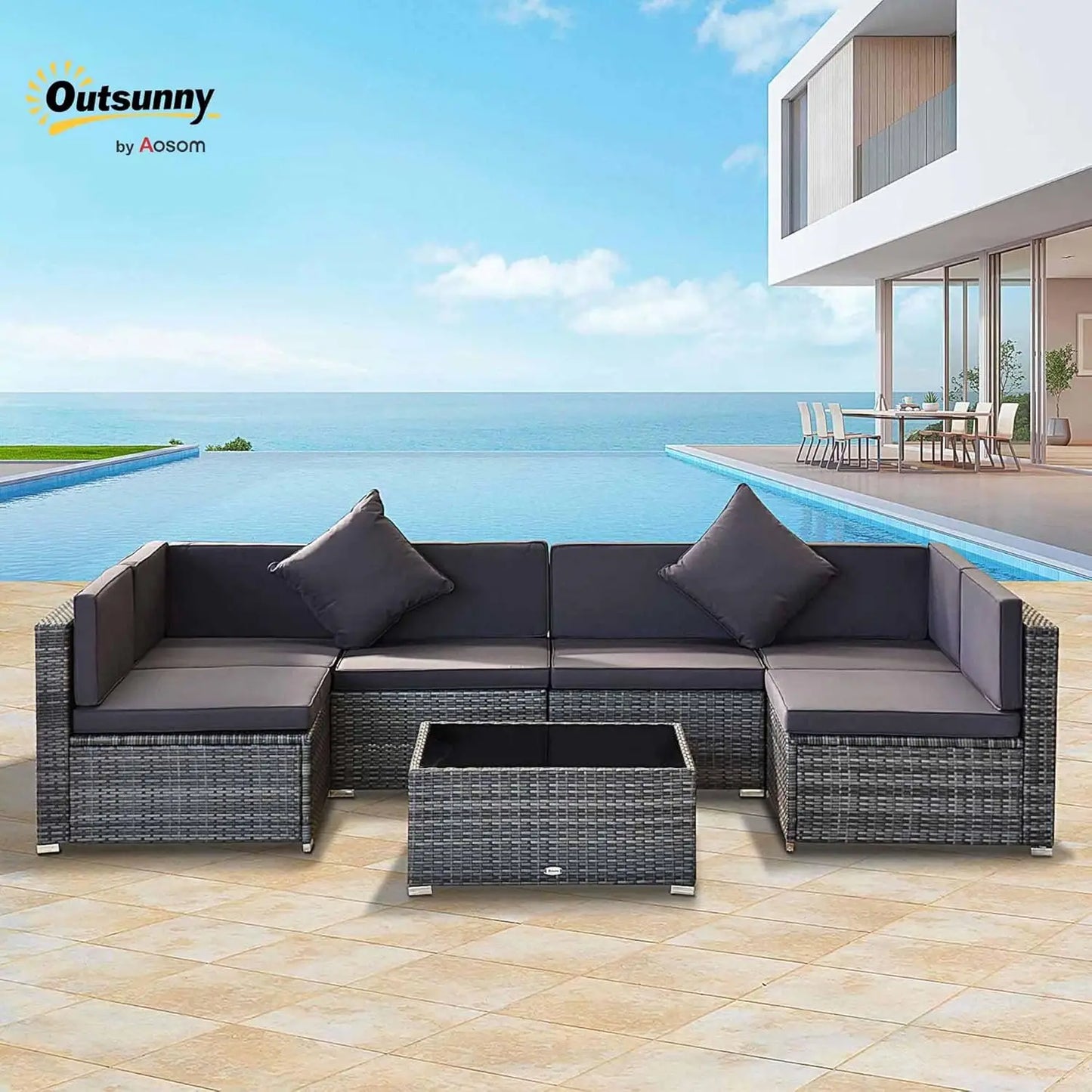 7pc PE Rattan Sectional Sofa All Weather Cushions Tempered Glass Tabletop